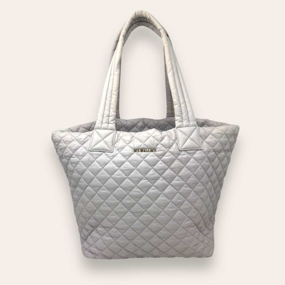 MZ Wallace Metro Tote in Periwinkle Blue Purple Gray Zipper Quilted Travel Bag